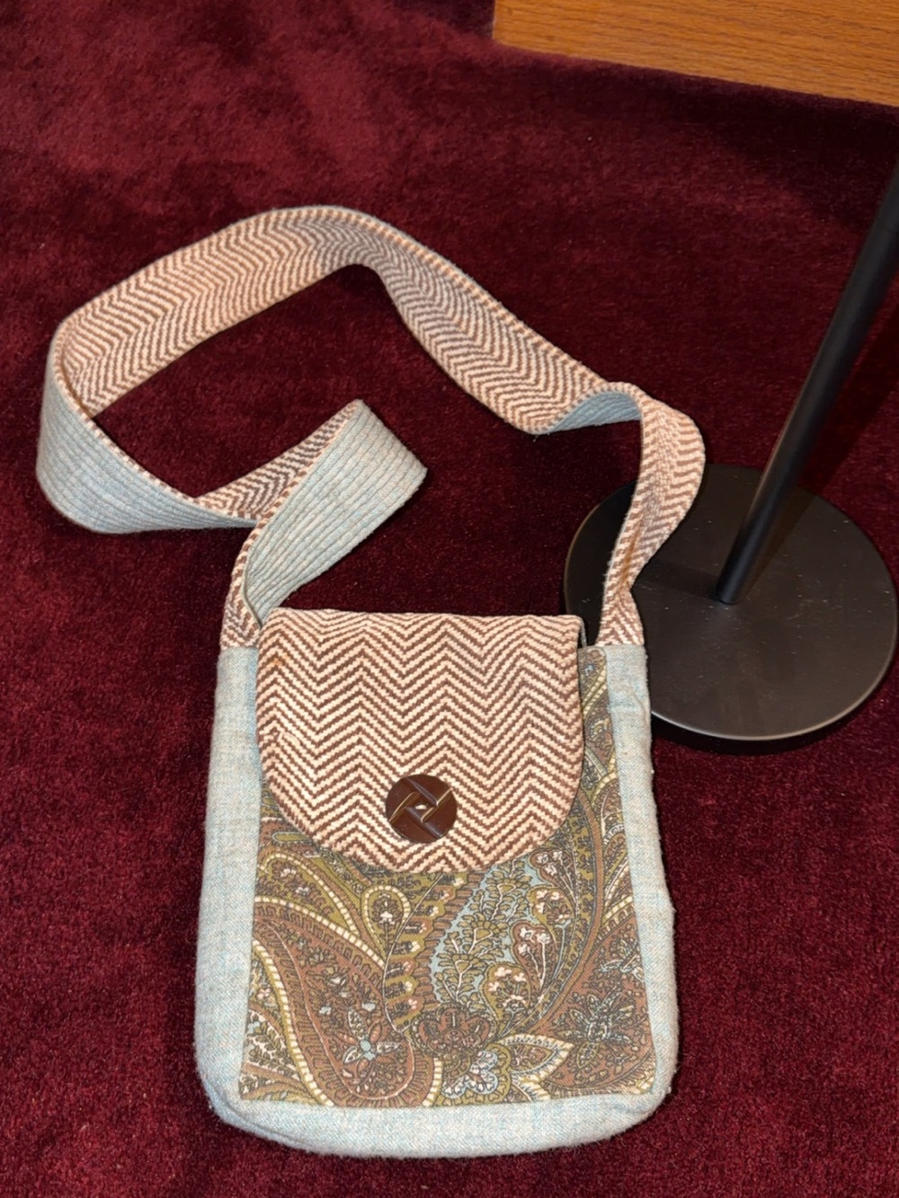 Boho- Paisley Crossbody Bag with Herringbone Flap - Brown & Cream